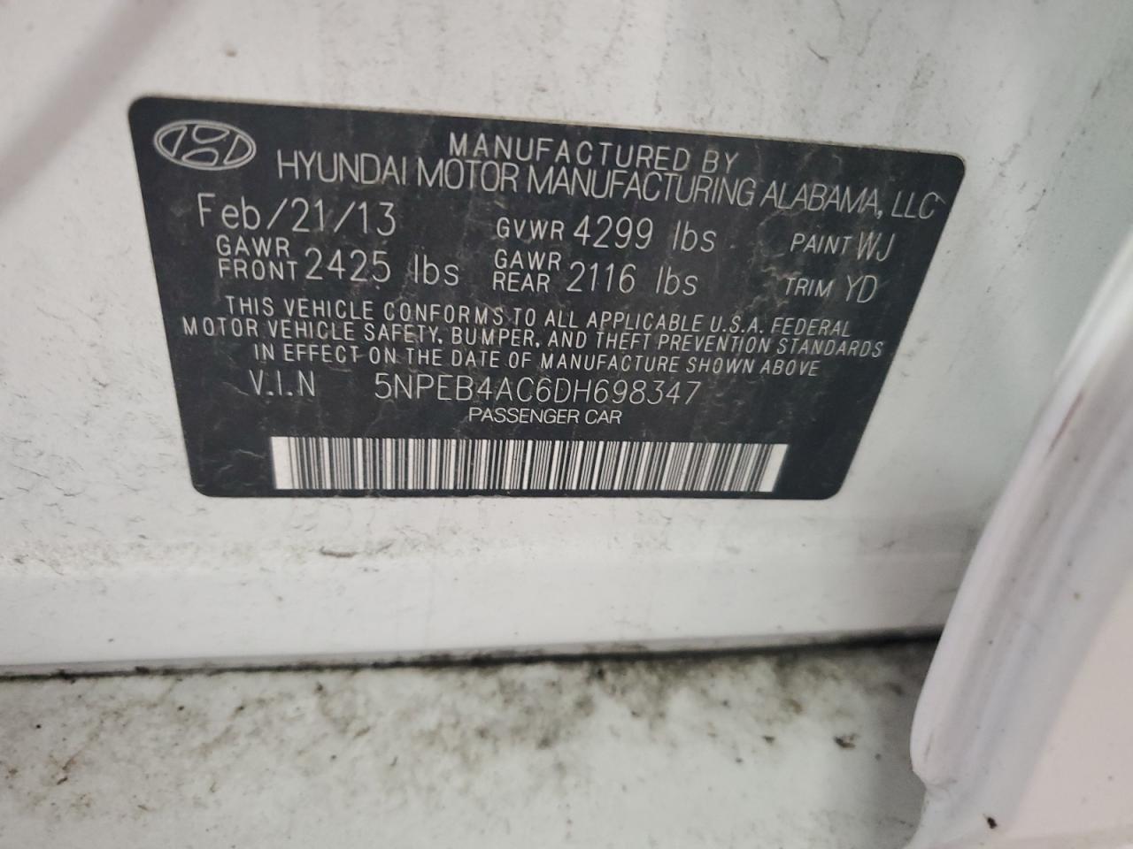 2013 Hyundai Sonata Gls VIN: 5NPEB4AC6DH698347 Lot: 84064395