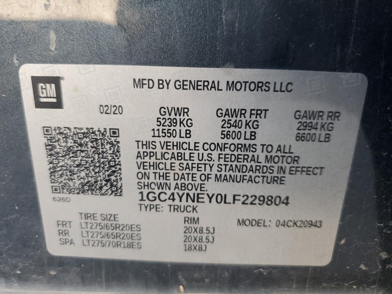 2020 Chevrolet Silverado K2500 Heavy Duty Lt VIN: 1GC4YNEY0LF229804 Lot: 85870065