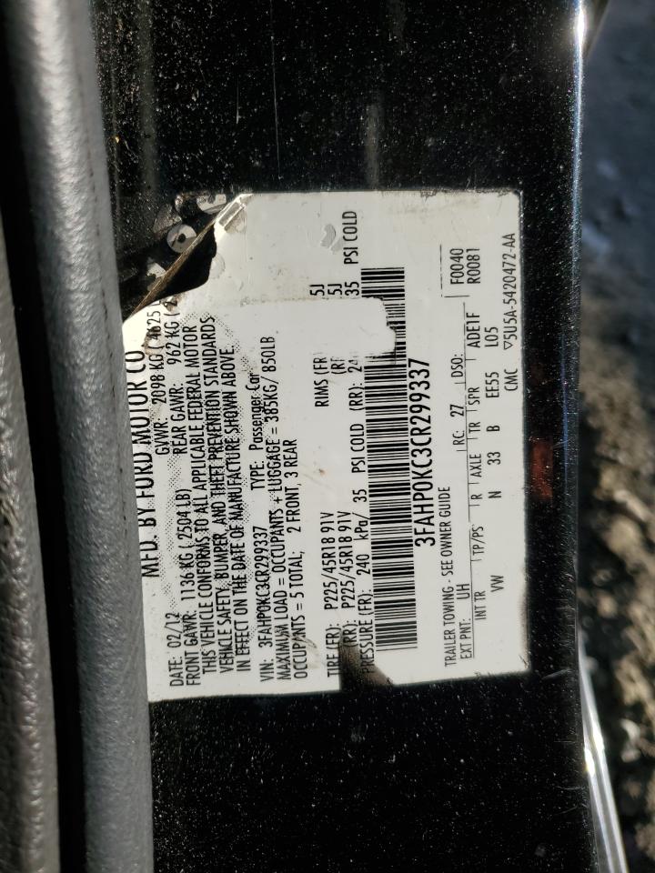 2012 Ford Fusion Sport VIN: 3FAHP0KC3CR299337 Lot: 87050525