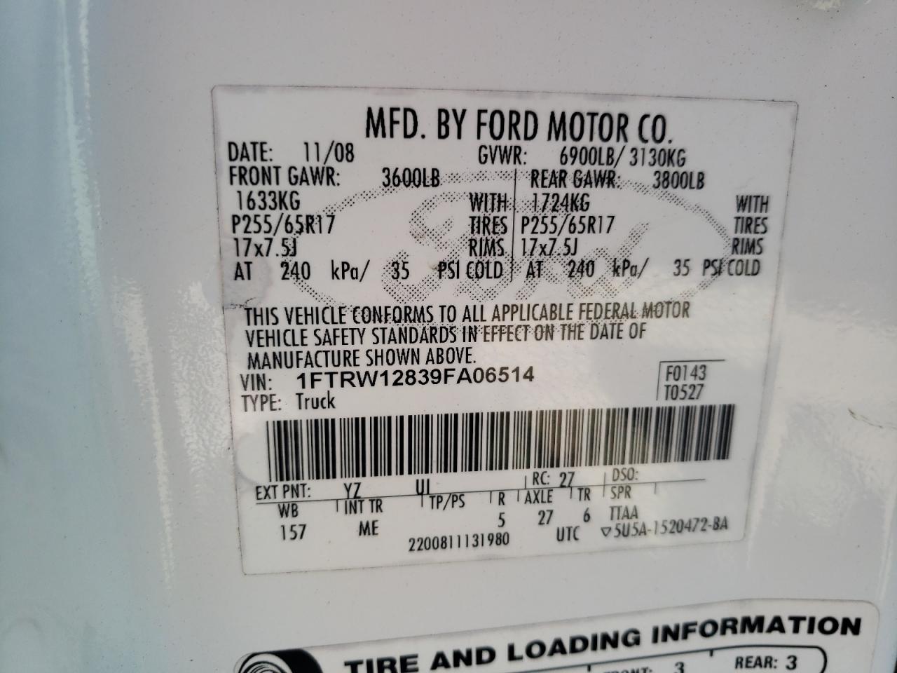 2009 Ford F150 Supercrew VIN: 1FTRW12839FA06514 Lot: 82566215