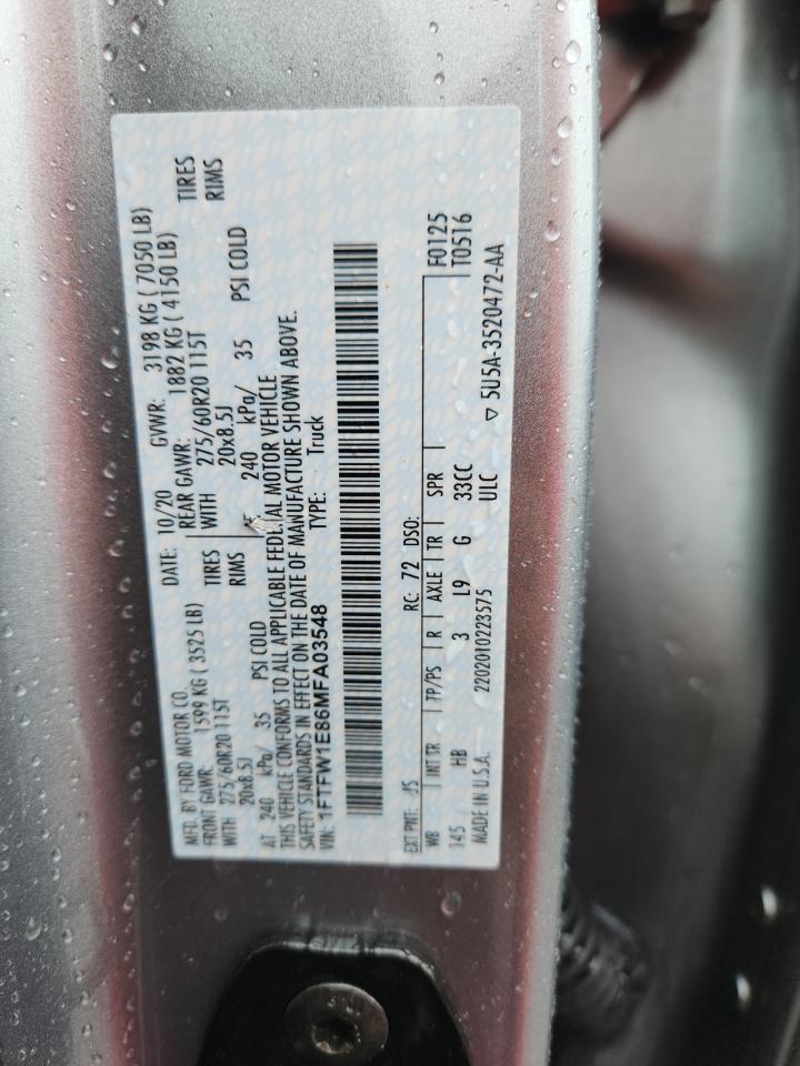 2021 Ford F150 Supercrew VIN: 1FTFW1E86MFA03548 Lot: 85755805