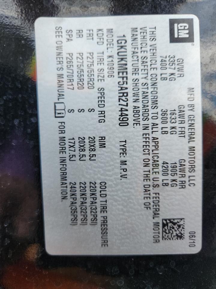 2010 GMC Yukon Xl Denali VIN: 1GKUKMEF5AR274490 Lot: 90070455