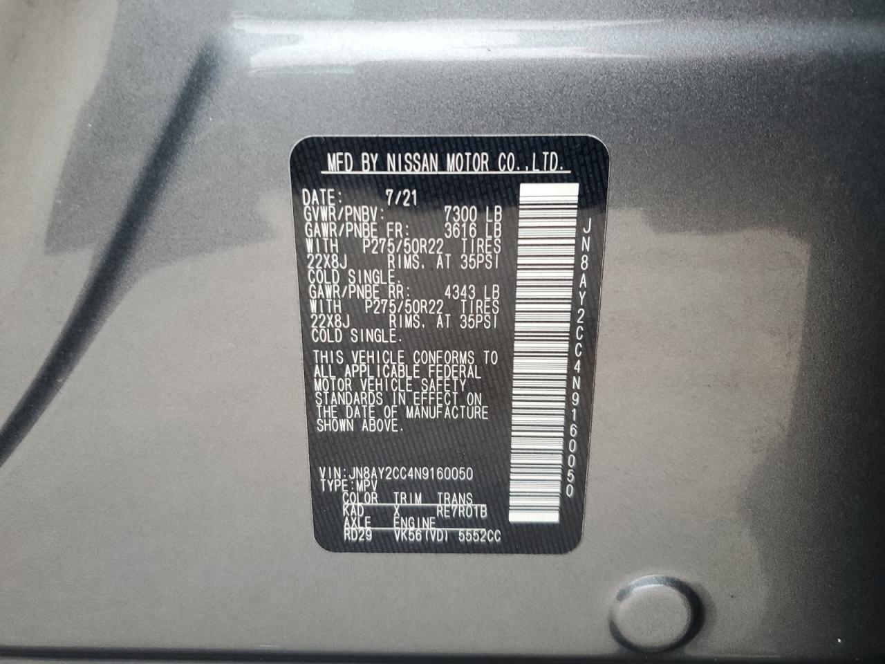 2022 Nissan Armada Platinum VIN: JN8AY2CC4N9160050 Lot: 84660875