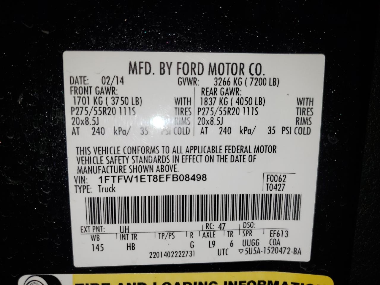 2014 Ford F150 Supercrew VIN: 1FTFW1ET8EFB08498 Lot: 86270775