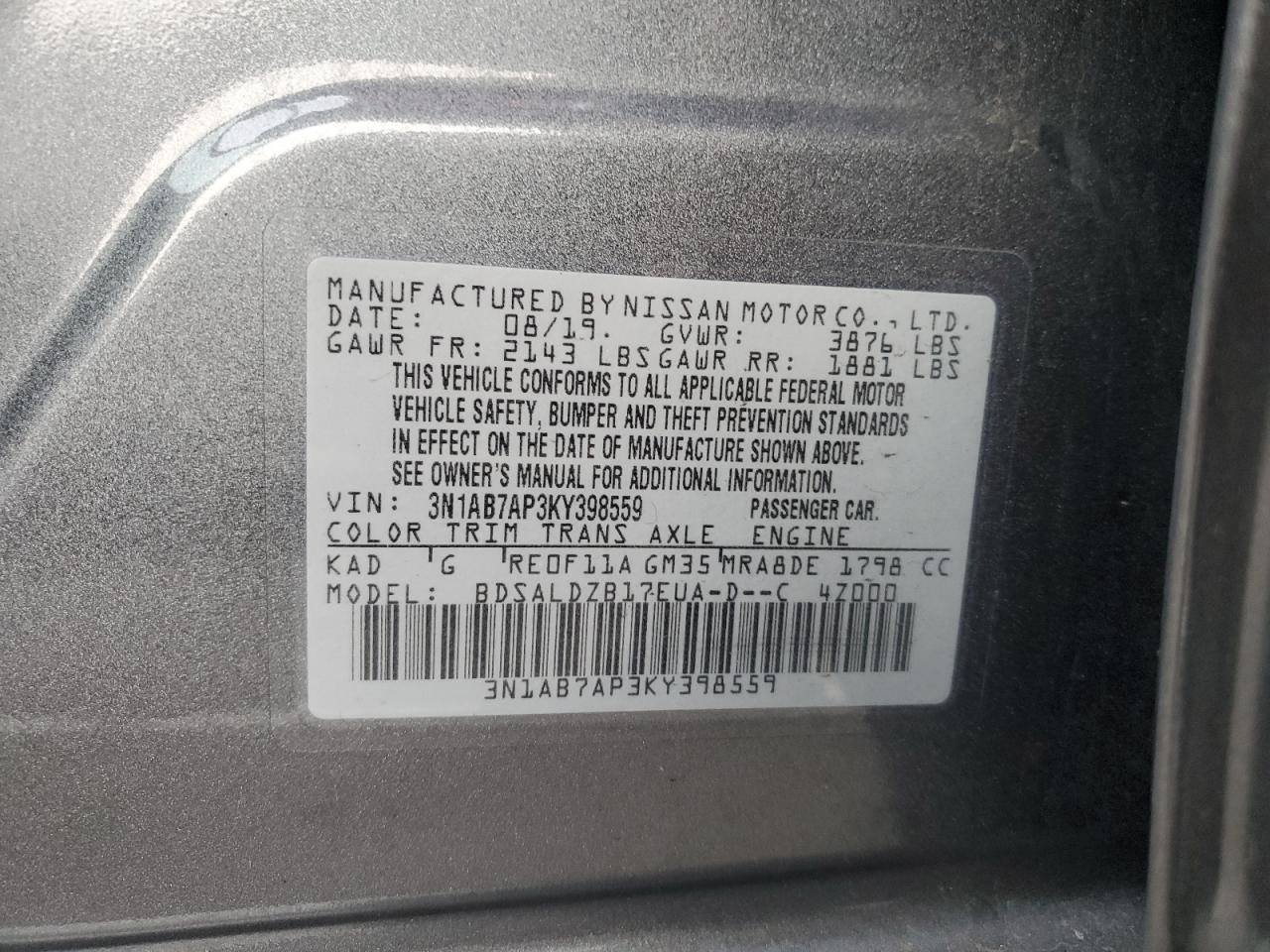 2019 Nissan Sentra S VIN: 3N1AB7AP3KY398559 Lot: 84780745