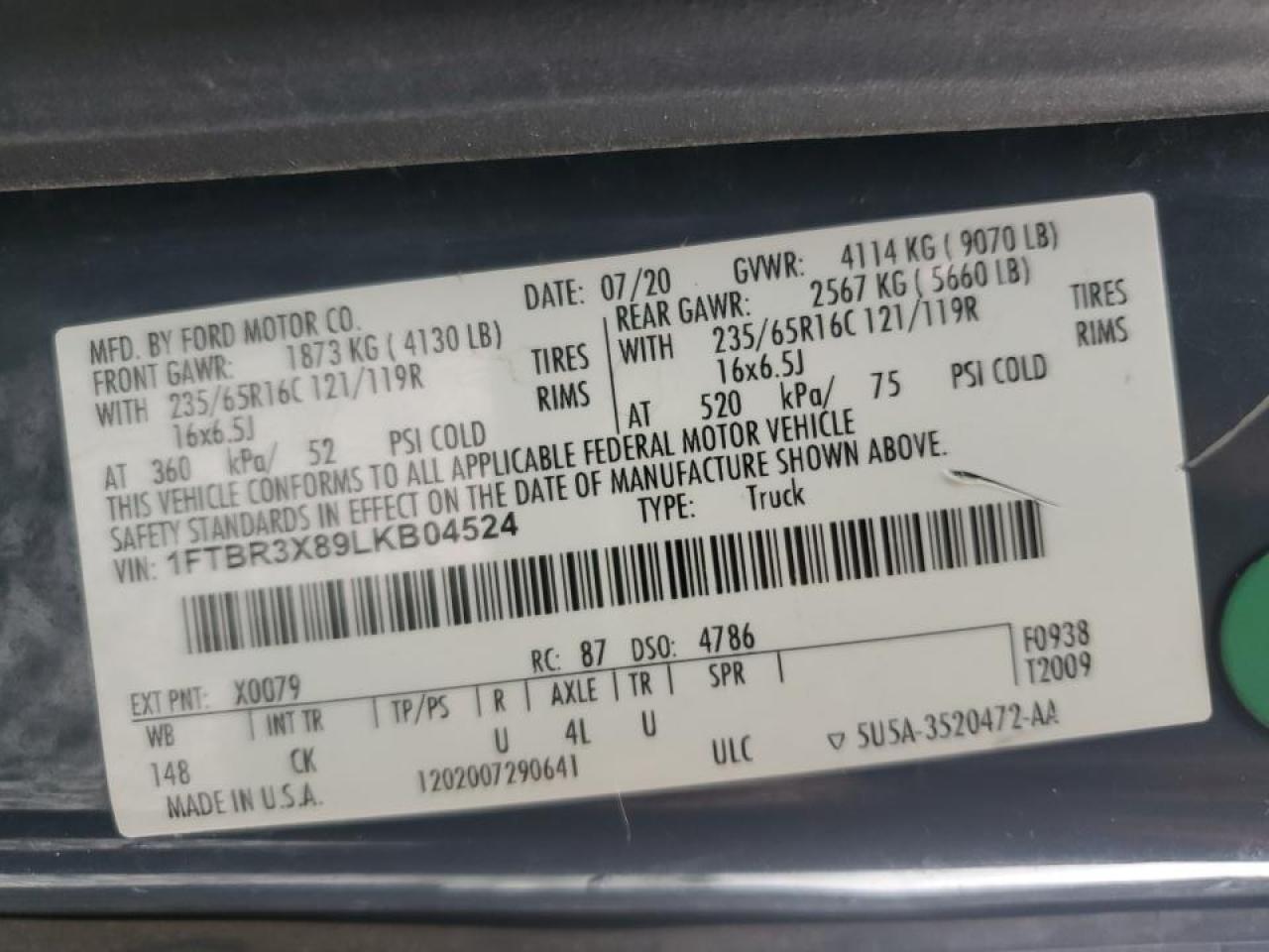2020 Ford Transit T-250 Delivery Van VIN: 1FTBR3X89LKB04524 Lot: 86988955