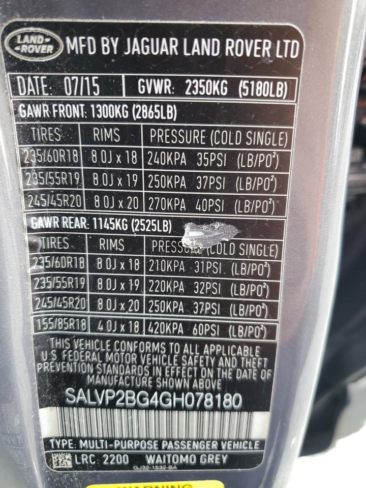 2016 Land Rover Range Rover Evoque Se VIN: SALVP2BG4GH078180 Lot: 86428745