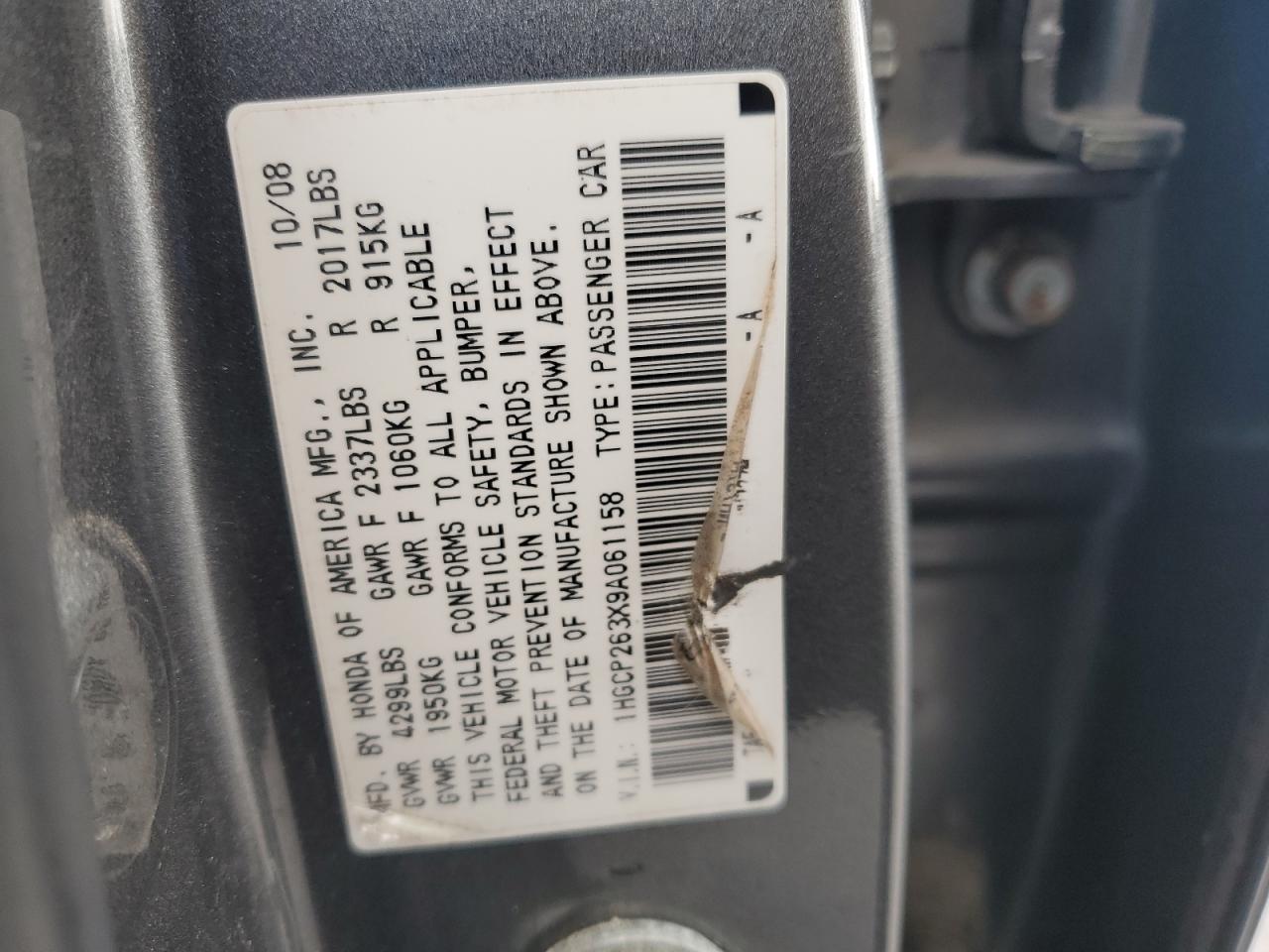 2009 Honda Accord Lx VIN: 1HGCP263X9A061158 Lot: 85505795