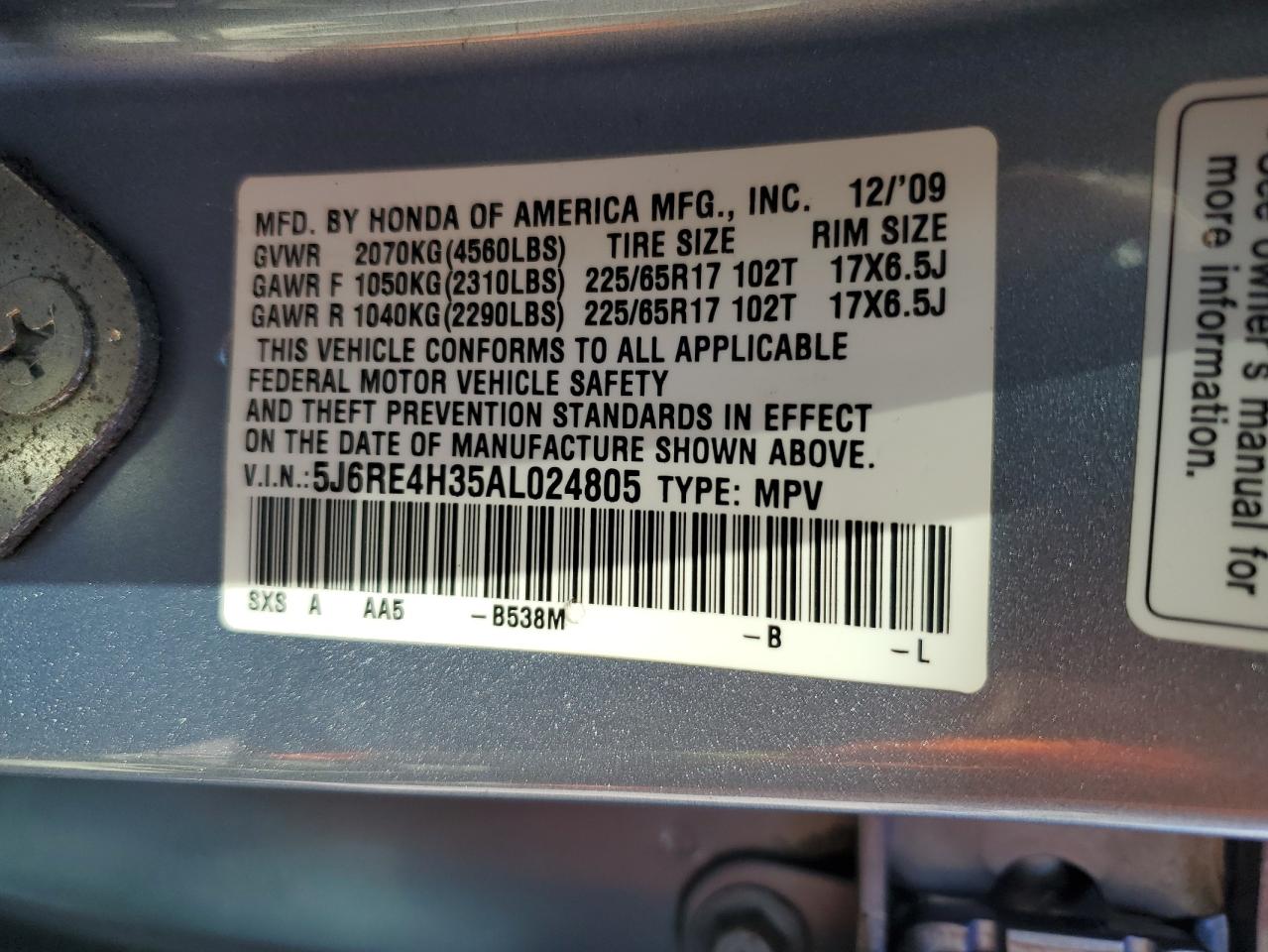 2010 Honda Cr-V Lx VIN: 5J6RE4H35AL024805 Lot: 82300015