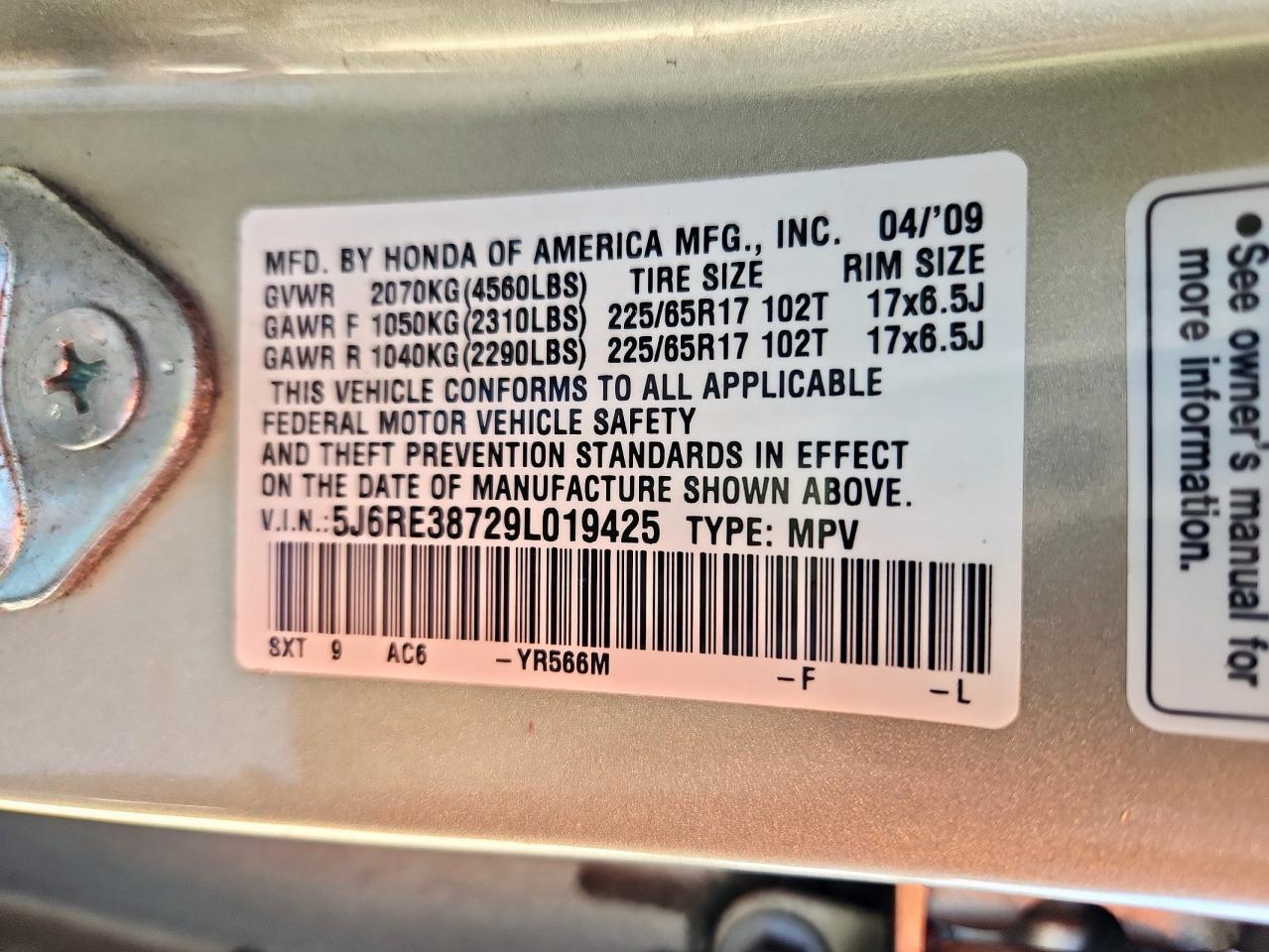 2009 Honda Cr-V Exl VIN: 5J6RE38729L019425 Lot: 84542615
