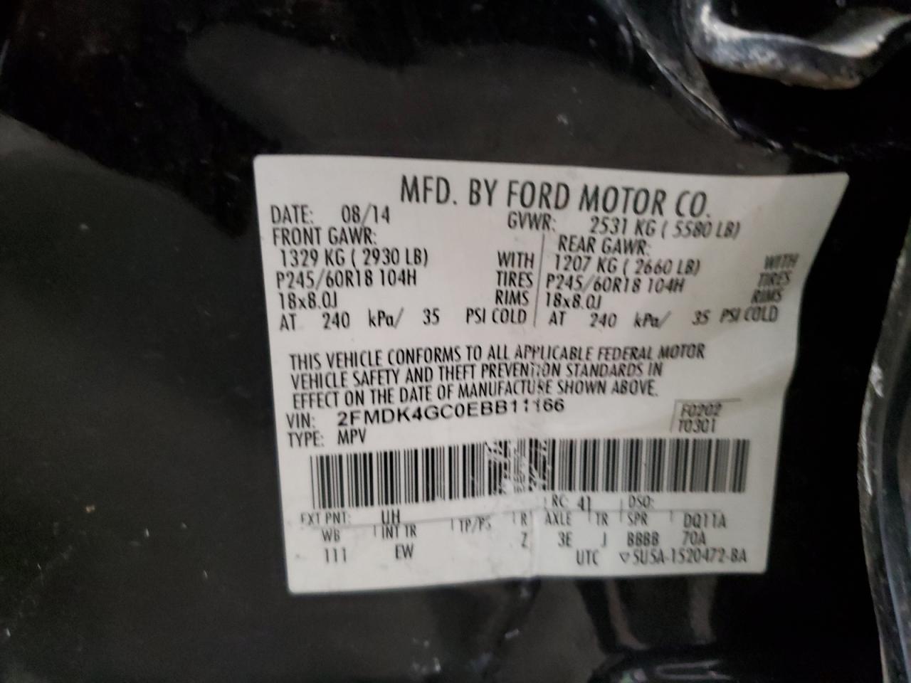 2014 Ford Edge Se VIN: 2FMDK4GC0EBB11166 Lot: 85153125