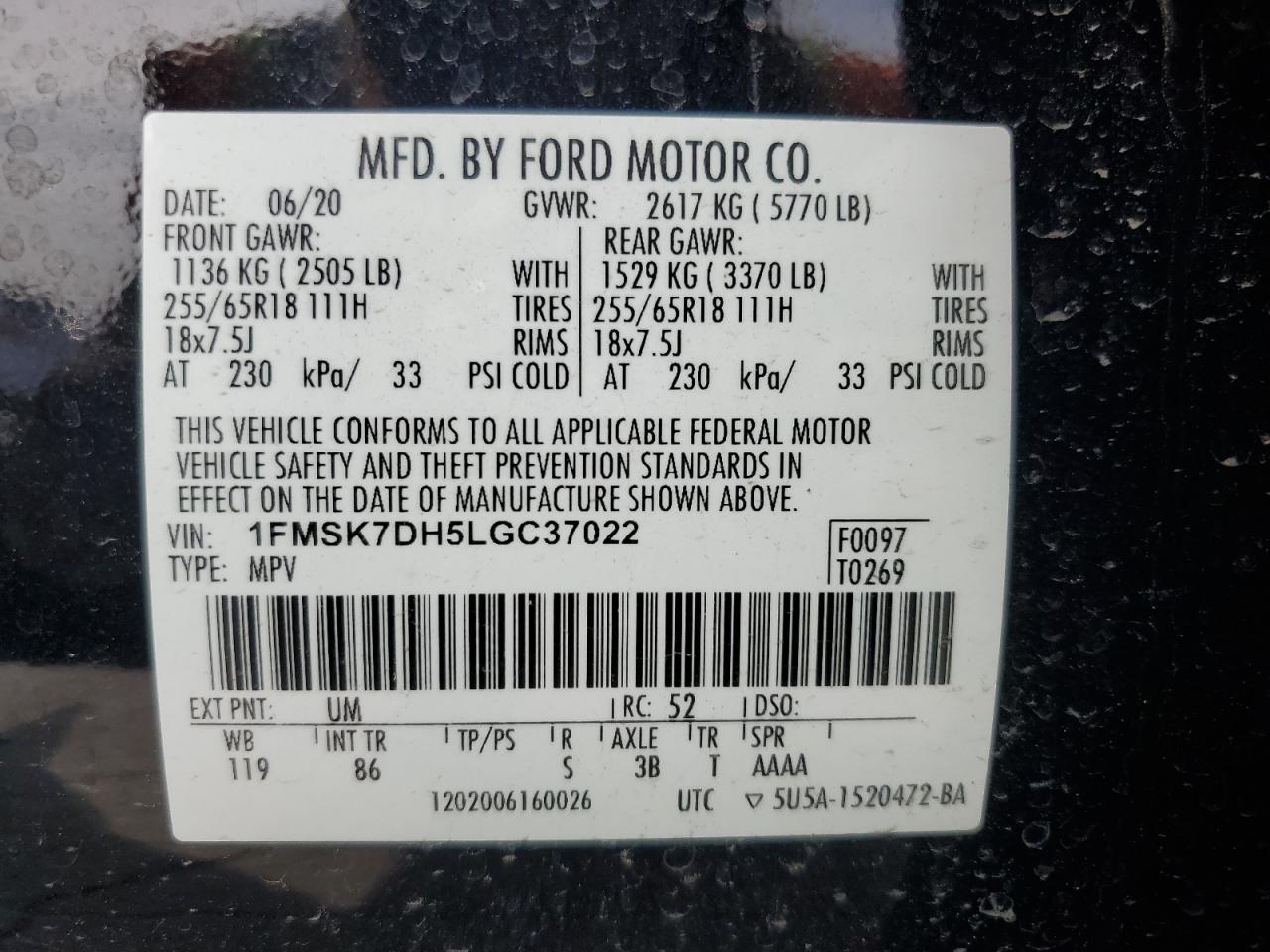 2020 Ford Explorer Xlt VIN: 1FMSK7DH5LGC37022 Lot: 85505065