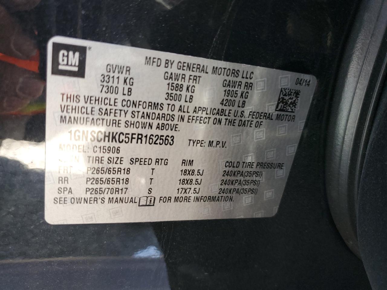 2015 Chevrolet Suburban C1500 Ls VIN: 1GNSCHKC5FR162563 Lot: 85345715