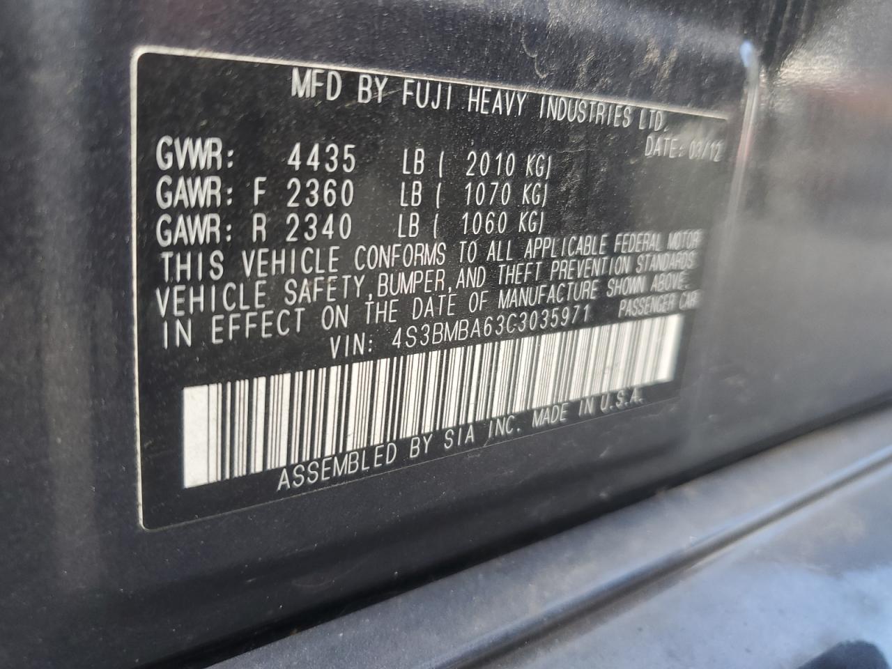 2012 Subaru Legacy 2.5I VIN: 4S3BMBA63C3035971 Lot: 87013465