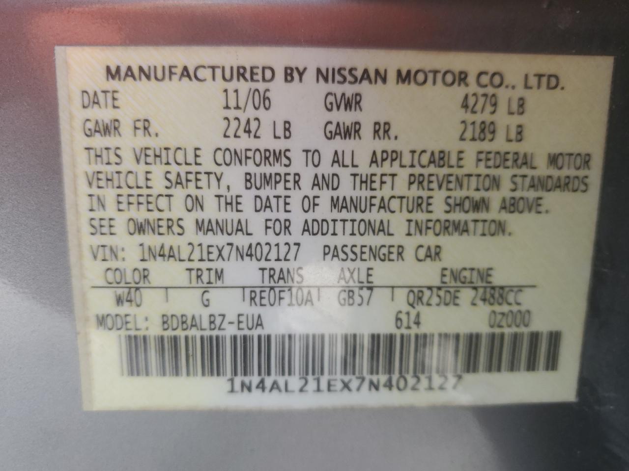 2007 Nissan Altima 2.5 VIN: 1N4AL21EX7N402127 Lot: 84946245