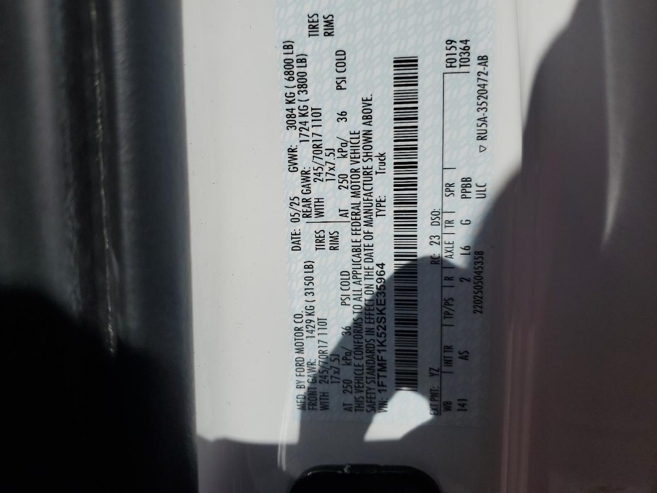 2025 Ford F150 Xl VIN: 1FTMF1K52SKE35964 Lot: 91105445