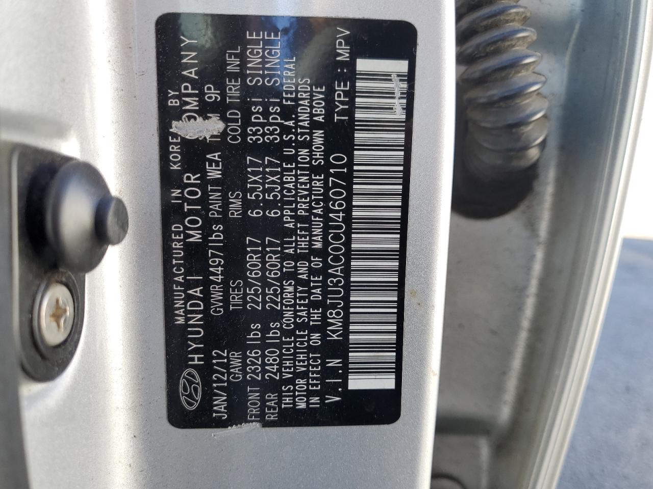 2012 Hyundai Tucson Gls VIN: KM8JU3AC0CU460710 Lot: 85591795