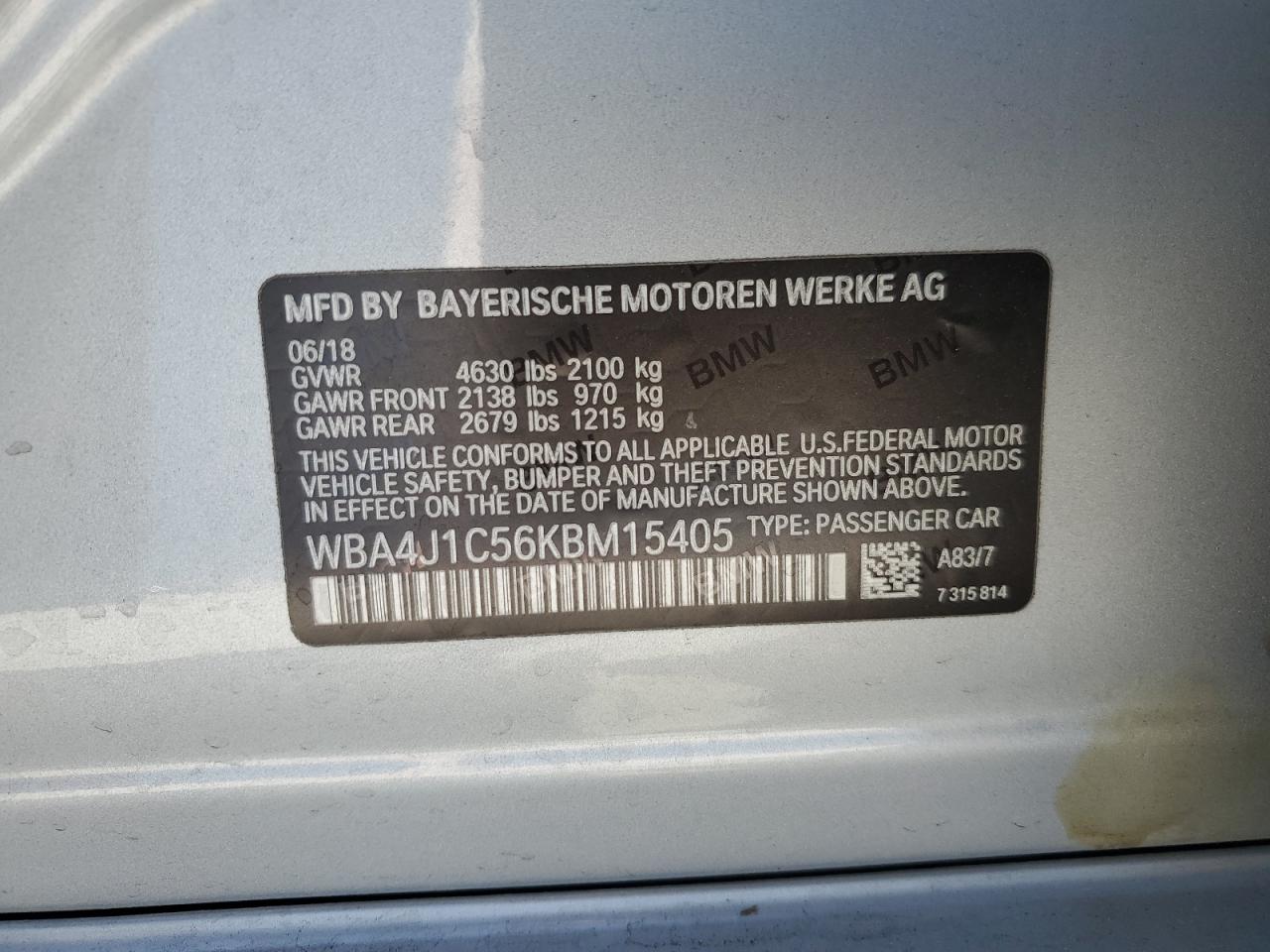 2019 BMW 430I Gran Coupe VIN: WBA4J1C56KBM15405 Lot: 86792565