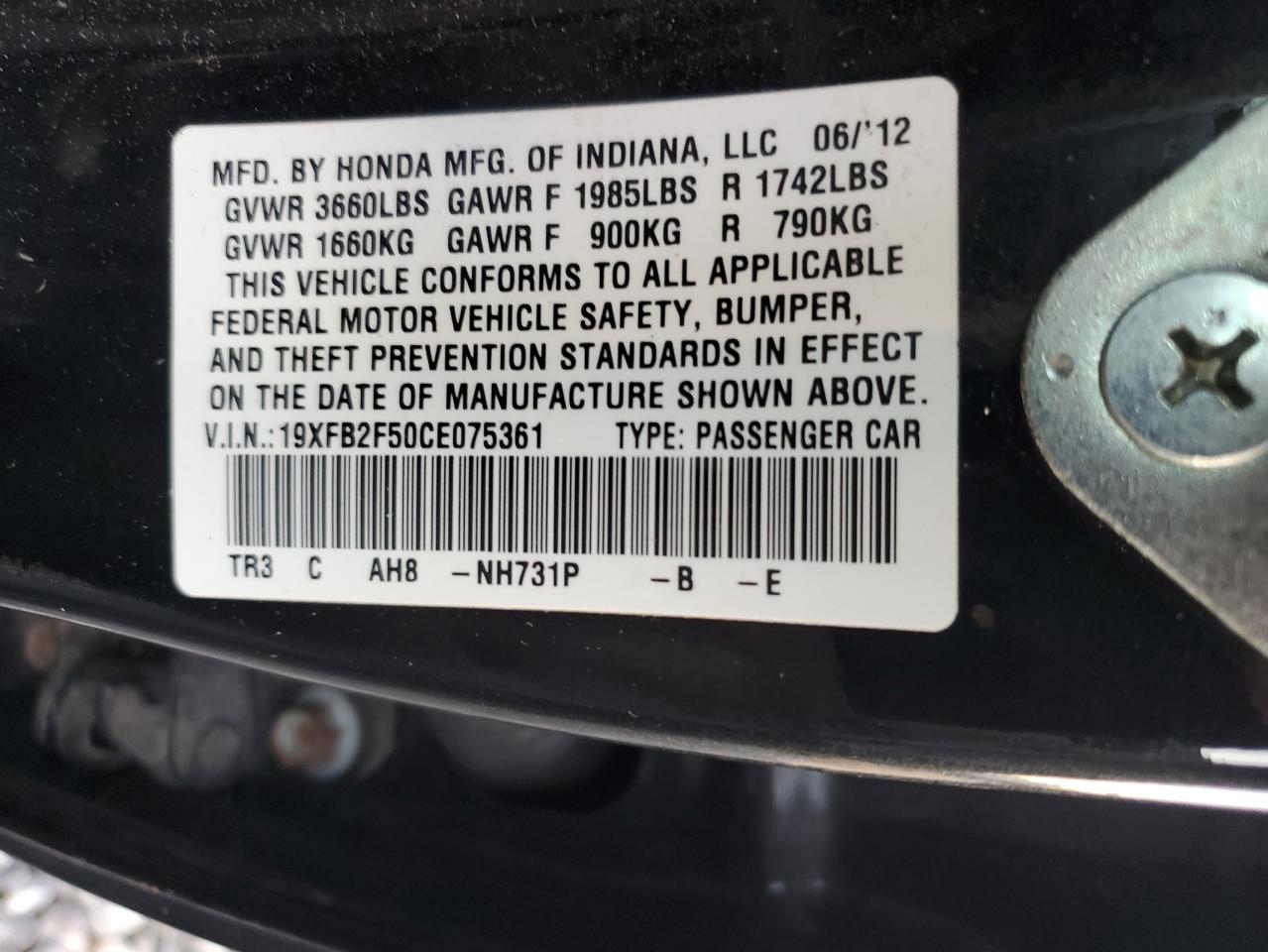 2012 Honda Civic Lx VIN: 19XFB2F50CE075361 Lot: 82375395