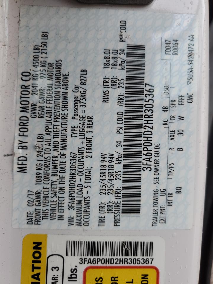 2017 Ford Fusion Se VIN: 3FA6P0HD2HR305367 Lot: 82664385