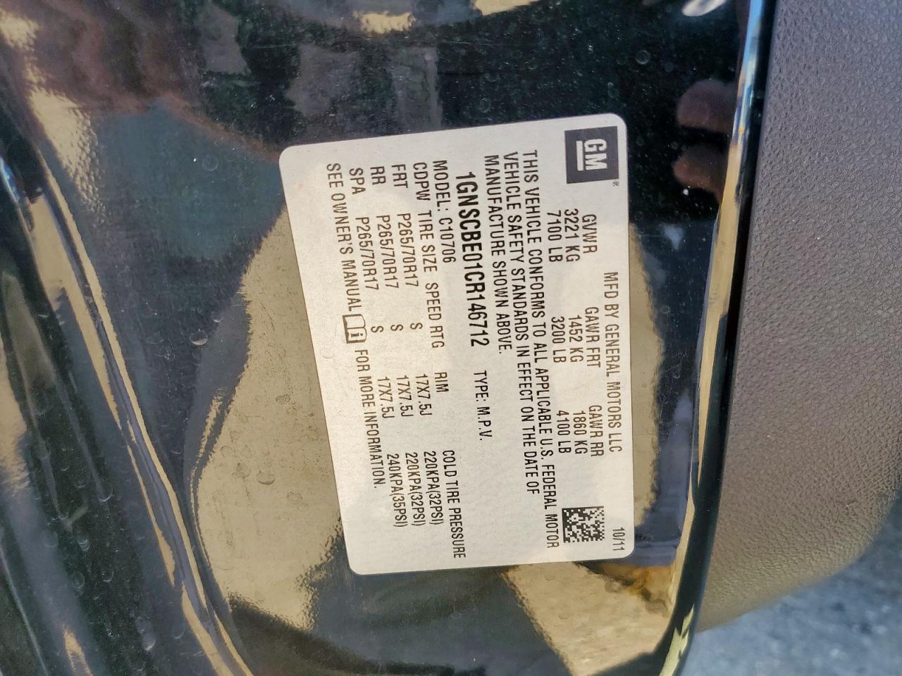 2012 Chevrolet Tahoe C1500 Lt VIN: 1GNSCBE01CR146712 Lot: 85177005