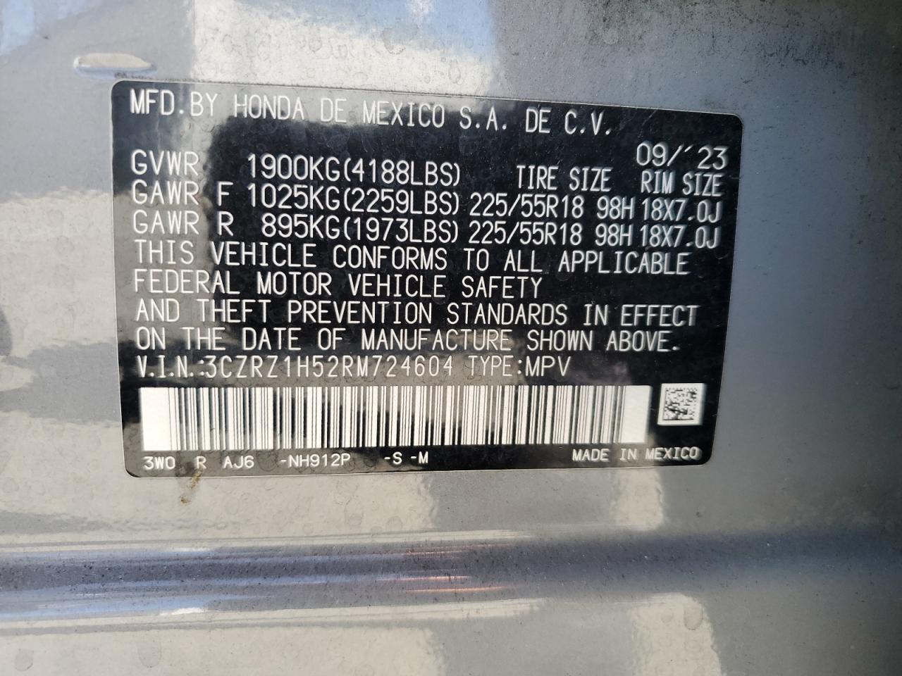 2024 Honda Hr-V Sport VIN: 3CZRZ1H52RM724604 Lot: 82261205