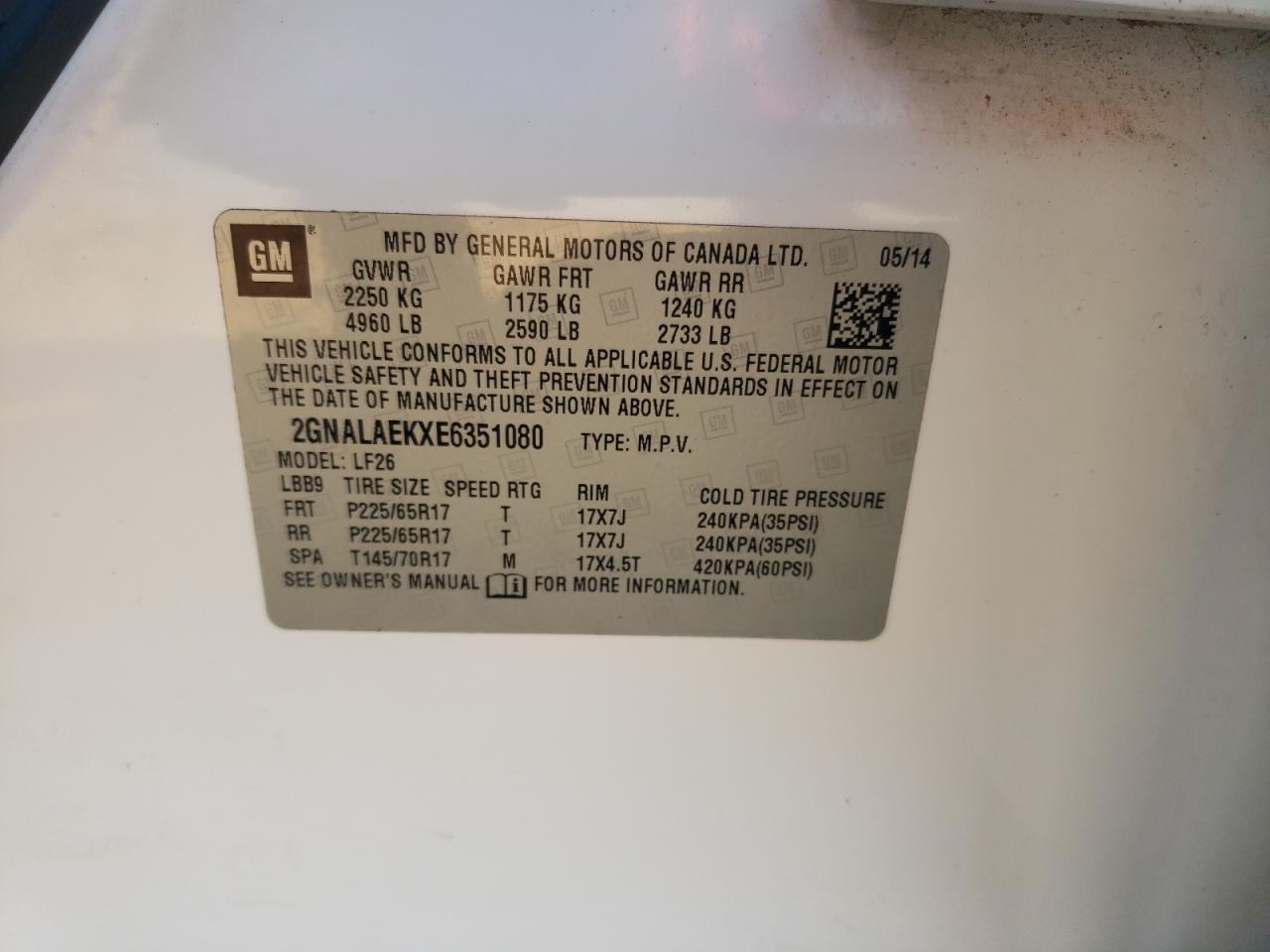 2014 Chevrolet Equinox Ls VIN: 2GNALAEKXE6351080 Lot: 82416925