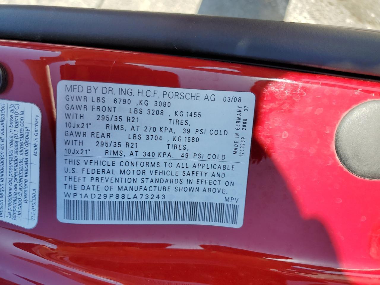 2008 Porsche Cayenne Gts VIN: WP1AD29P88LA73243 Lot: 85353035