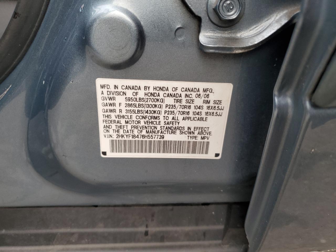 2006 Honda Pilot Ex VIN: 2HKYF18476H557739 Lot: 86440505