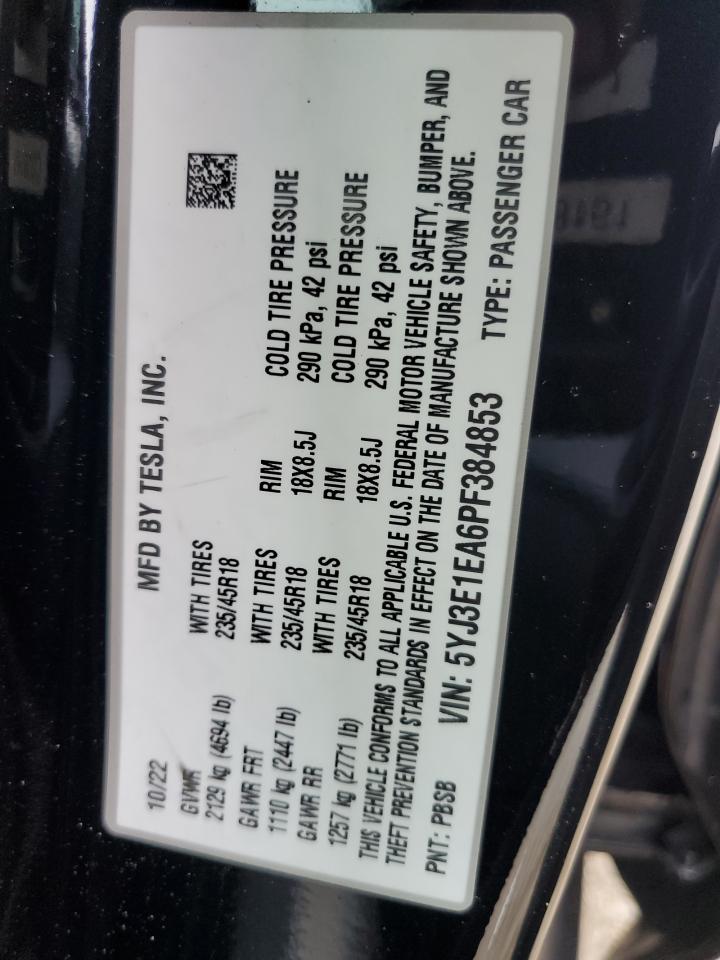 2023 Tesla Model 3 VIN: 5YJ3E1EA6PF384853 Lot: 85677065