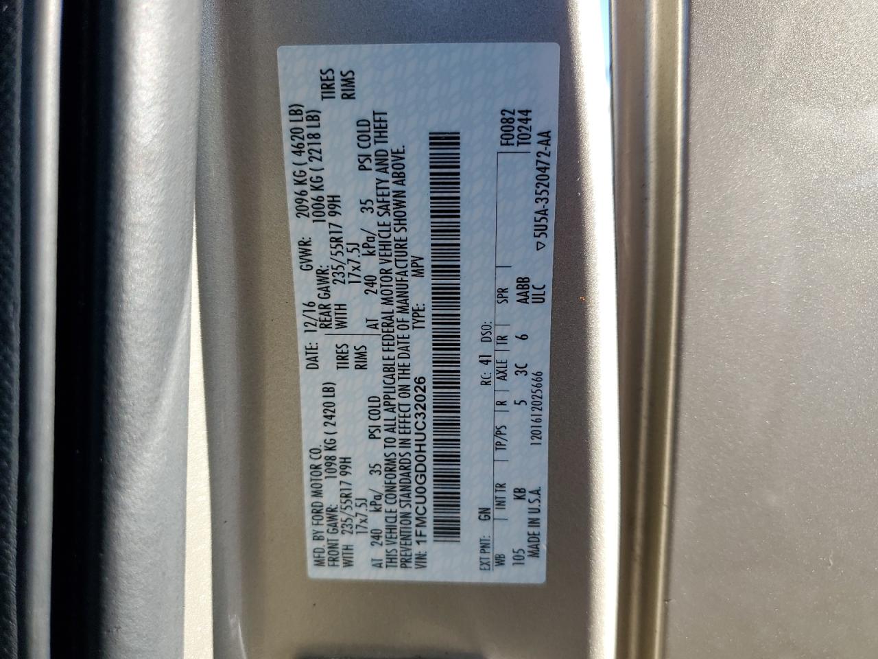 2017 Ford Escape Se VIN: 1FMCU0GD0HUC32026 Lot: 85743265