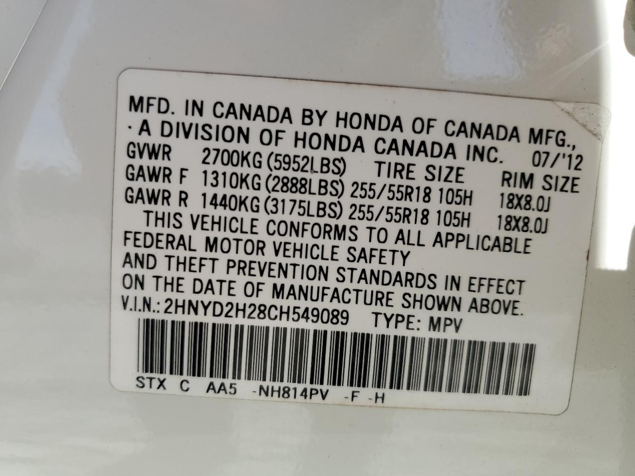 2012 Acura Mdx VIN: 2HNYD2H28CH549089 Lot: 82640585