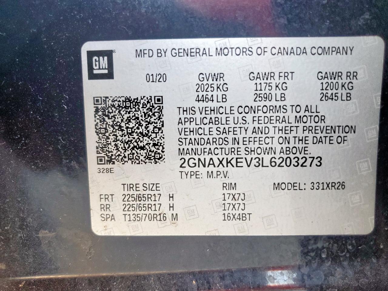 2020 Chevrolet Equinox Lt VIN: 2GNAXKEV3L6203273 Lot: 82439255