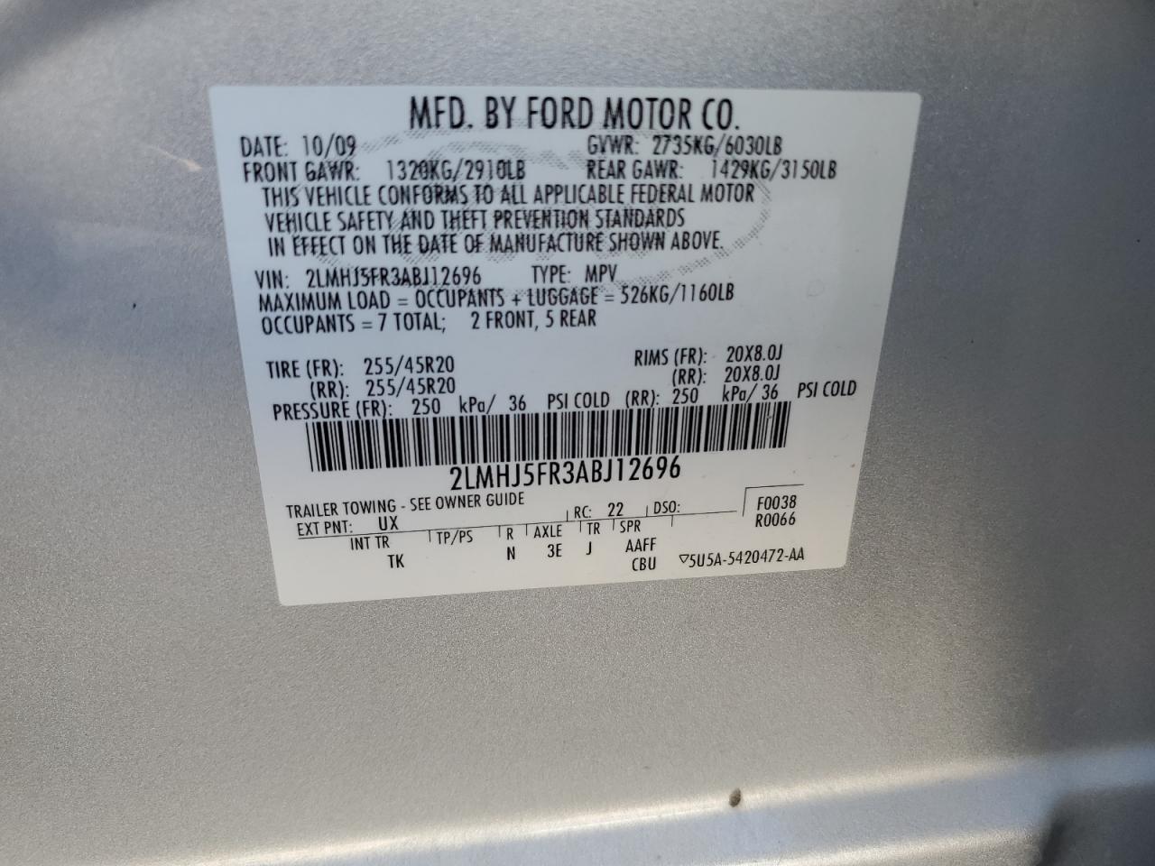 2010 Lincoln Mkt VIN: 2LMHJ5FR3ABJ12696 Lot: 85001075