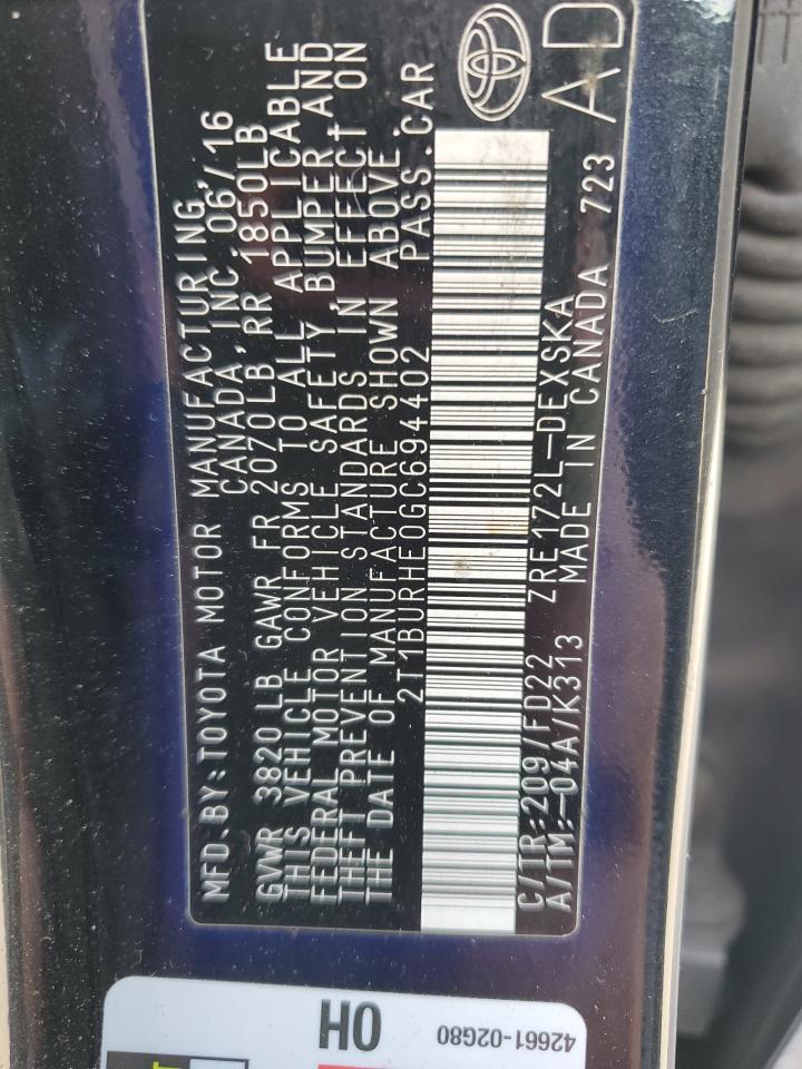 2016 Toyota Corolla L VIN: 2T1BURHE0GC694402 Lot: 85155775