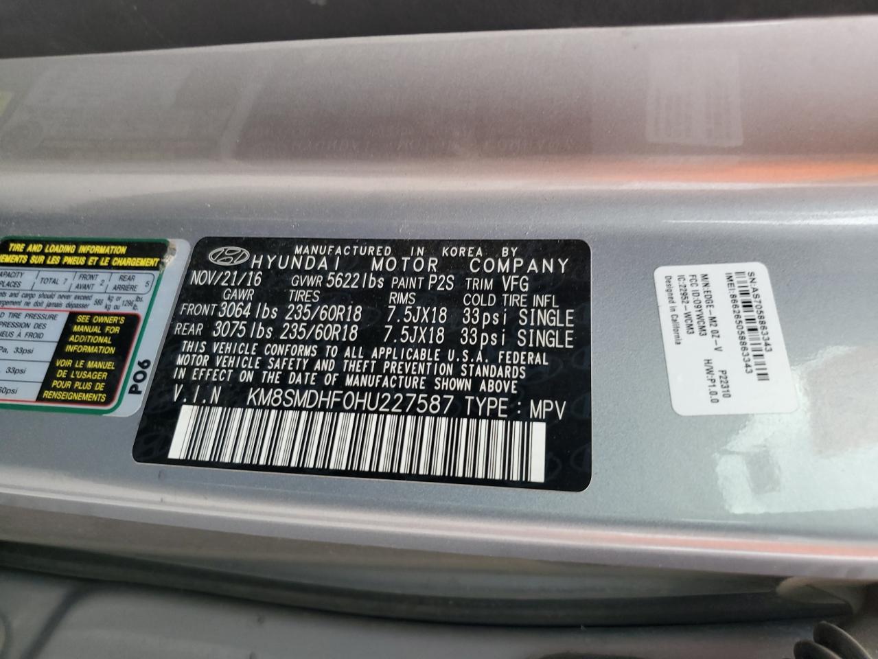 2017 Hyundai Santa Fe Se VIN: KM8SMDHF0HU227587 Lot: 86111125