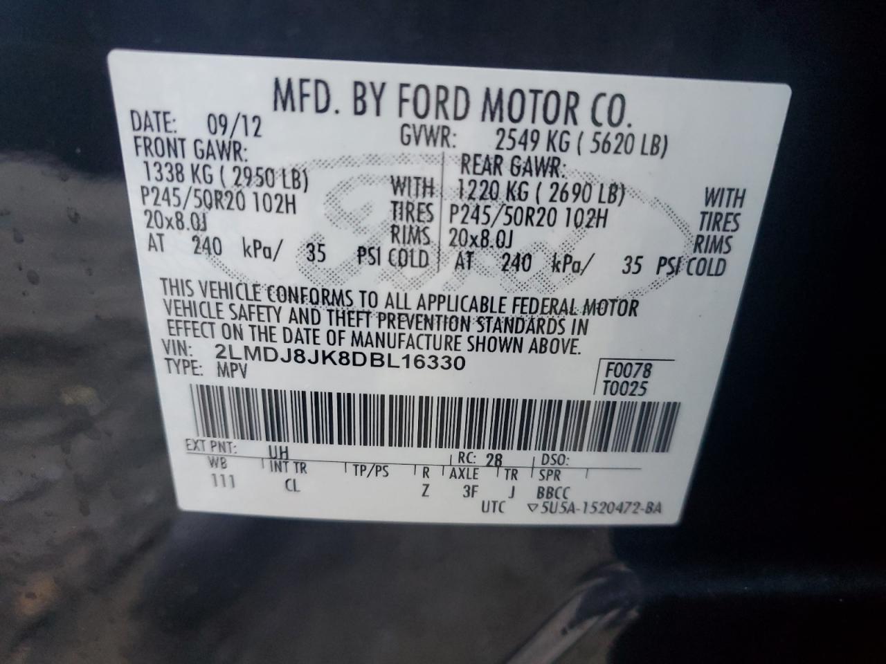 2013 Lincoln Mkx VIN: 2LMDJ8JK8DBL16330 Lot: 85599365