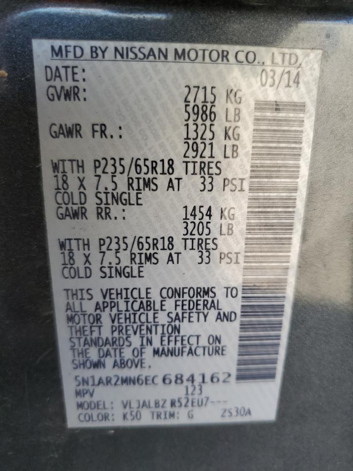 2014 Nissan Pathfinder S VIN: 5N1AR2MN6EC684162 Lot: 84960385