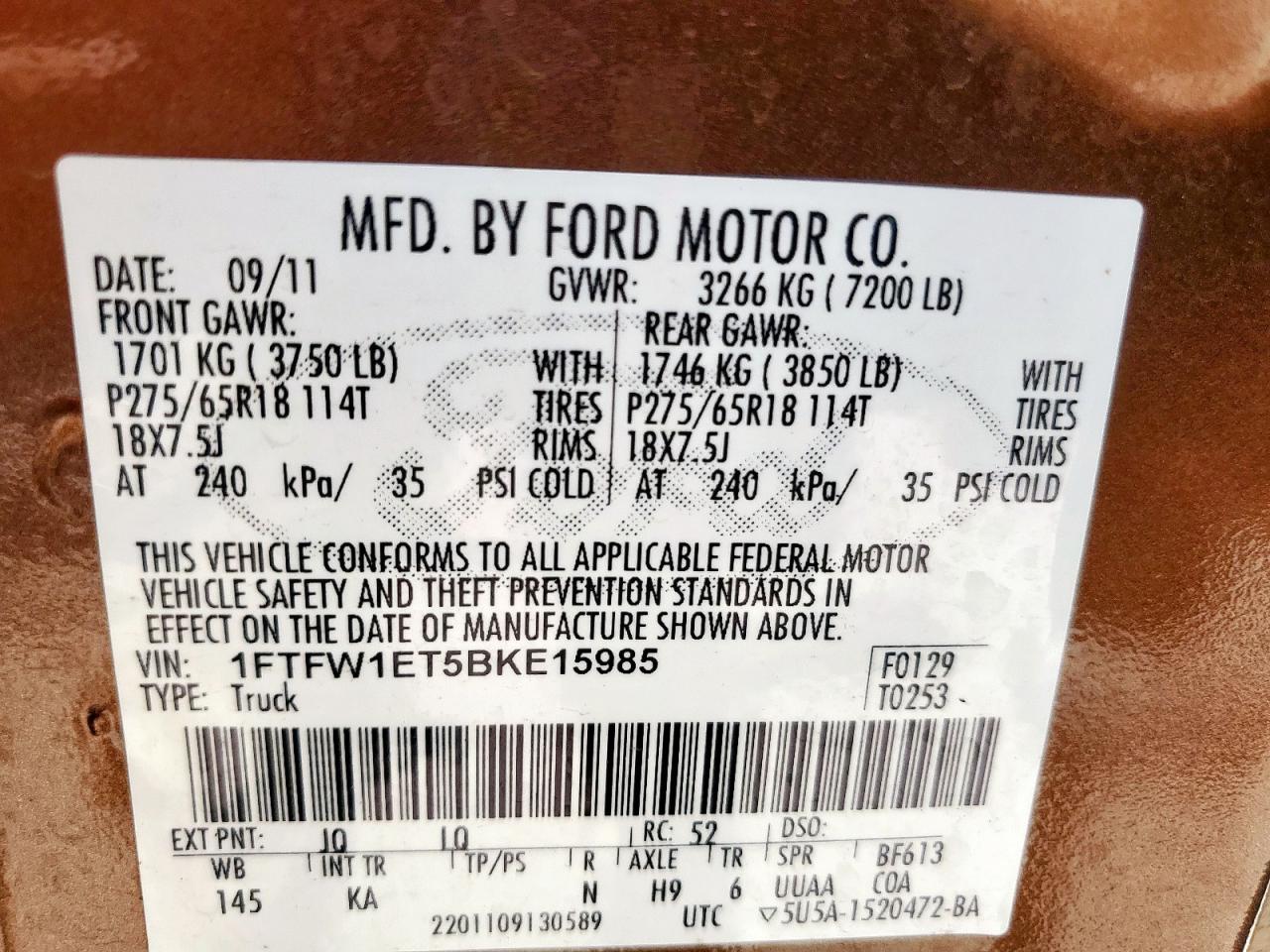 2011 Ford F150 Supercrew VIN: 1FTFW1ET5BKE15985 Lot: 90863535