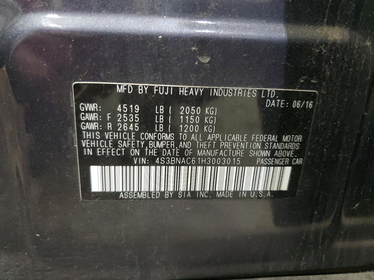 2017 Subaru Legacy 2.5I Premium VIN: 4S3BNAC61H3003015 Lot: 89470965