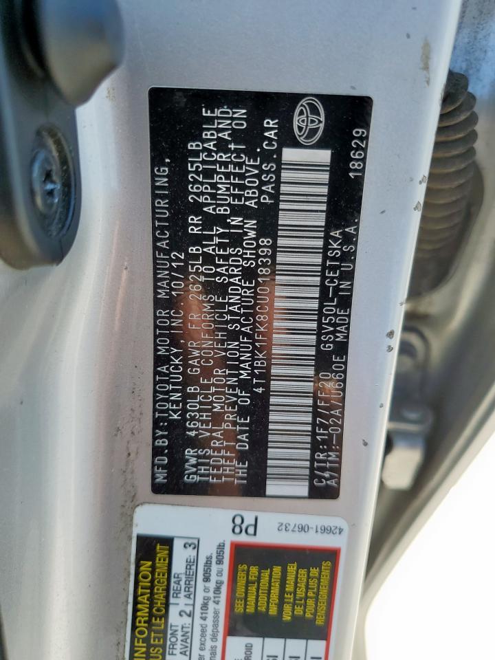 2012 Toyota Camry Se VIN: 4T1BK1FK8CU018398 Lot: 81991675