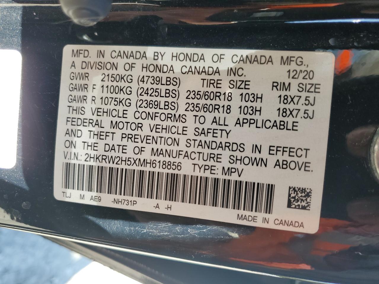 2021 Honda Cr-V Ex VIN: 2HKRW2H5XMH618856 Lot: 84860425