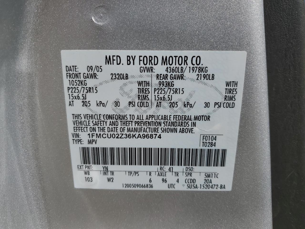 2006 Ford Escape Xls VIN: 1FMCU02Z36KA96874 Lot: 85184045