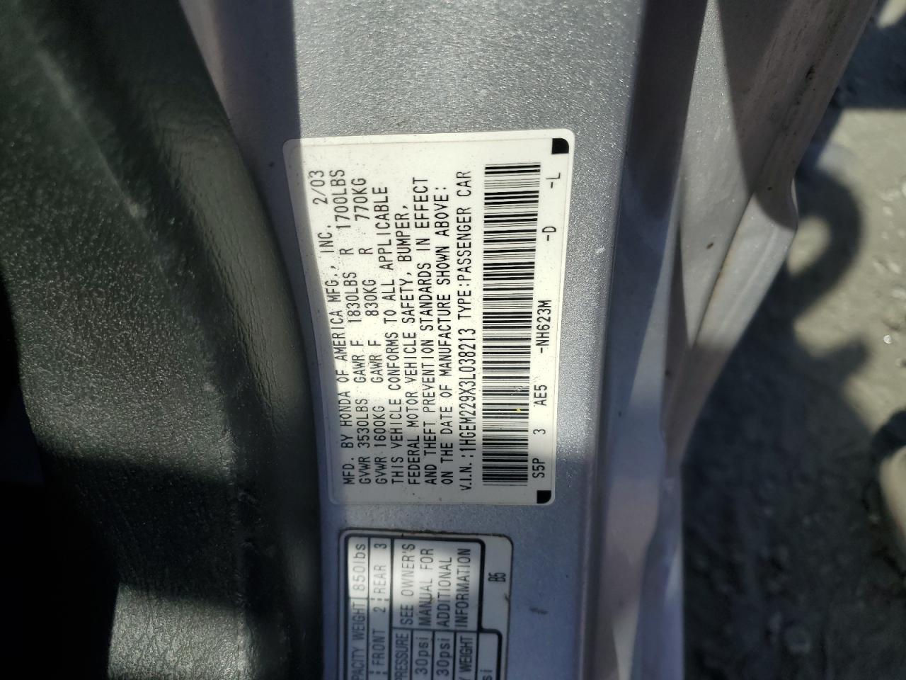 2003 Honda Civic Ex VIN: 1HGEM229X3L038213 Lot: 82242585