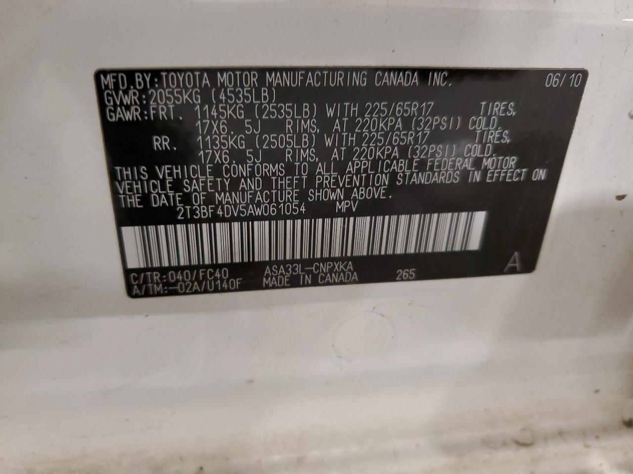 2010 Toyota Rav4 VIN: 2T3BF4DV5AW061054 Lot: 82598025