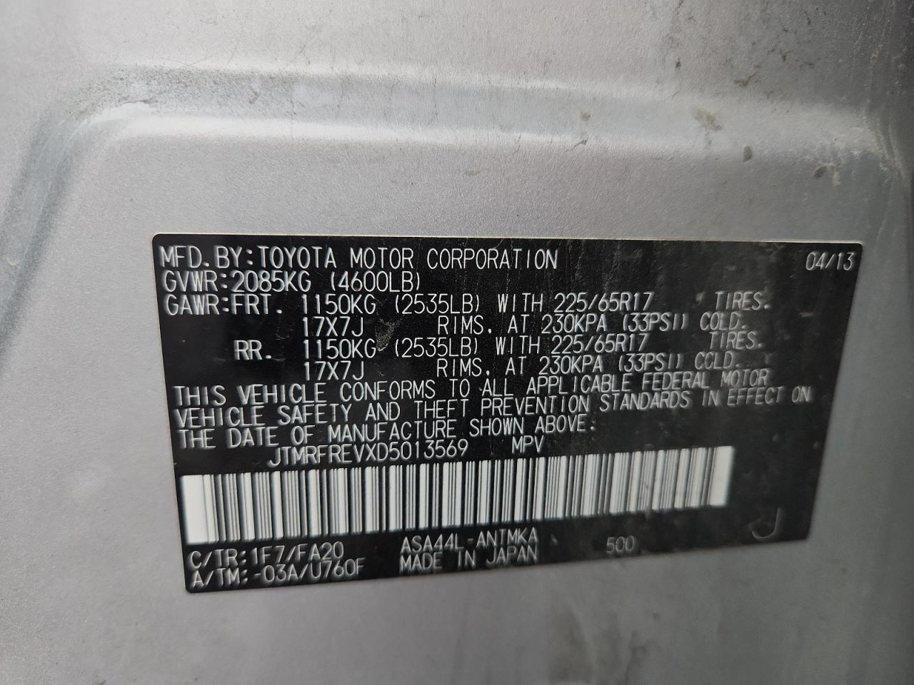 2013 Toyota Rav4 Xle VIN: JTMRFREVXD5013569 Lot: 85512835