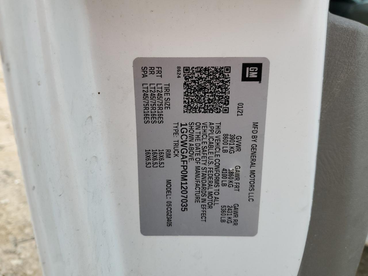 2021 Chevrolet Express G2500 VIN: 1GCWGAFP0M1207035 Lot: 85364575