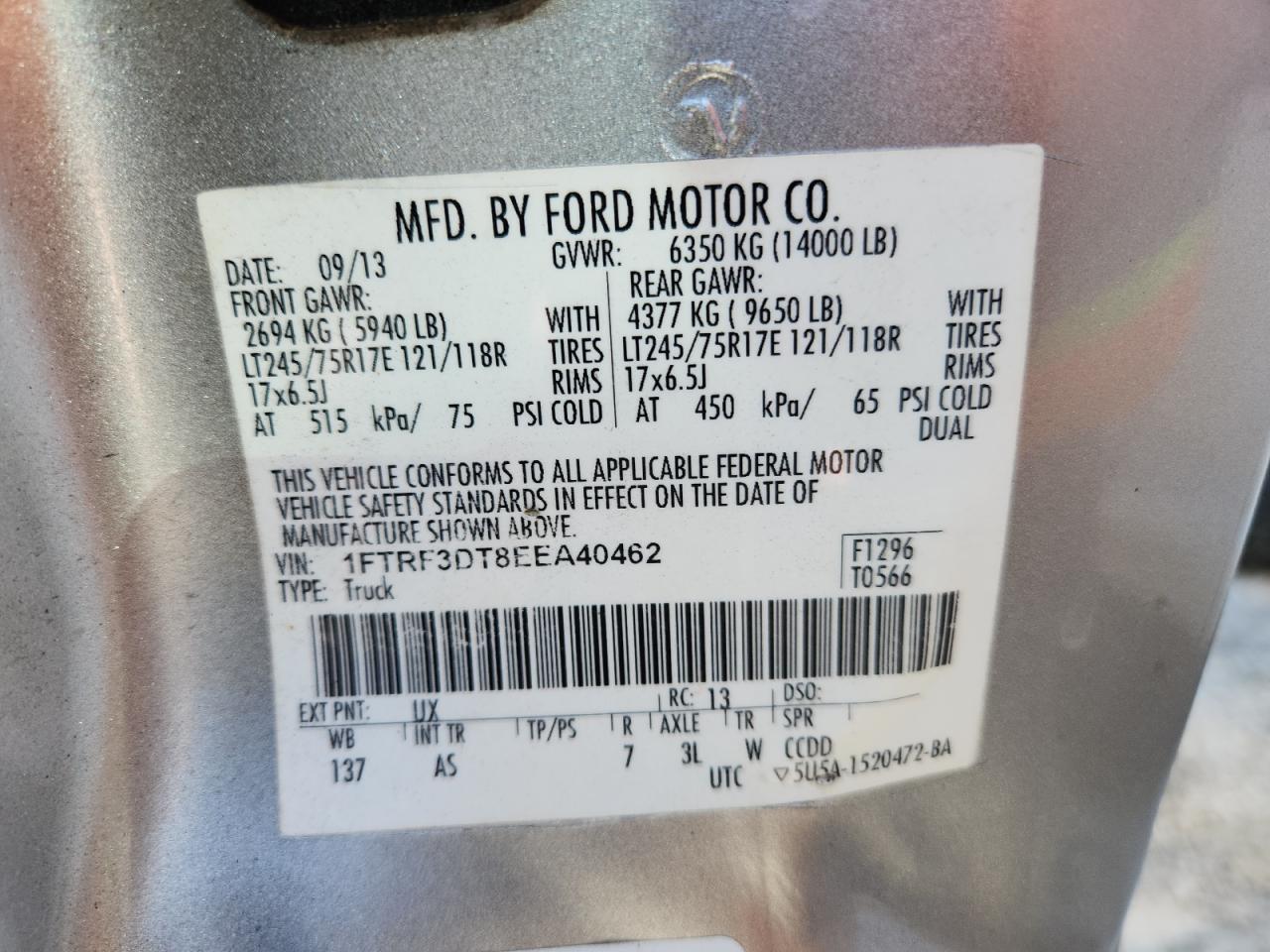 2014 Ford F350 Super Duty VIN: 1FTRF3DT8EEA40462 Lot: 90364195