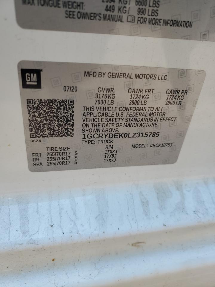 2020 Chevrolet Silverado K1500 Lt VIN: 1GCRYDEK0LZ315785 Lot: 83781035