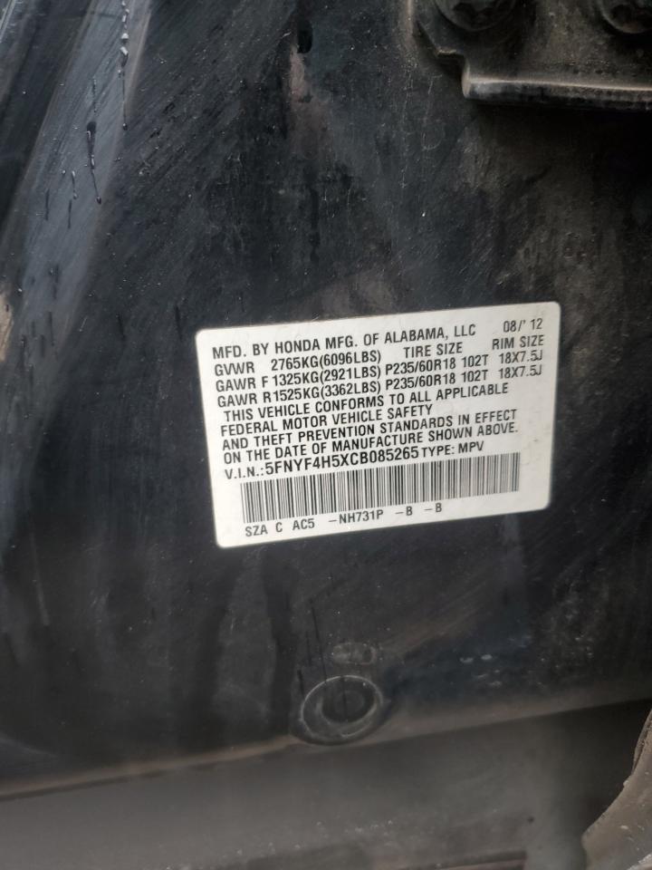 2012 Honda Pilot Exl VIN: 5FNYF4H5XCB085265 Lot: 86290745